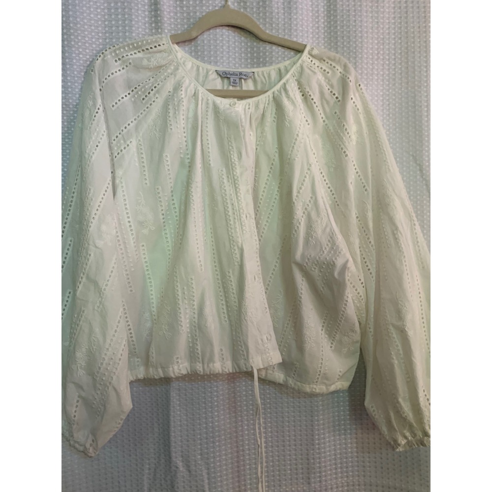 Ophelia Roe White Eyelet Embroidered Balloon Sleeve Drawstring Blouse Womens 3X